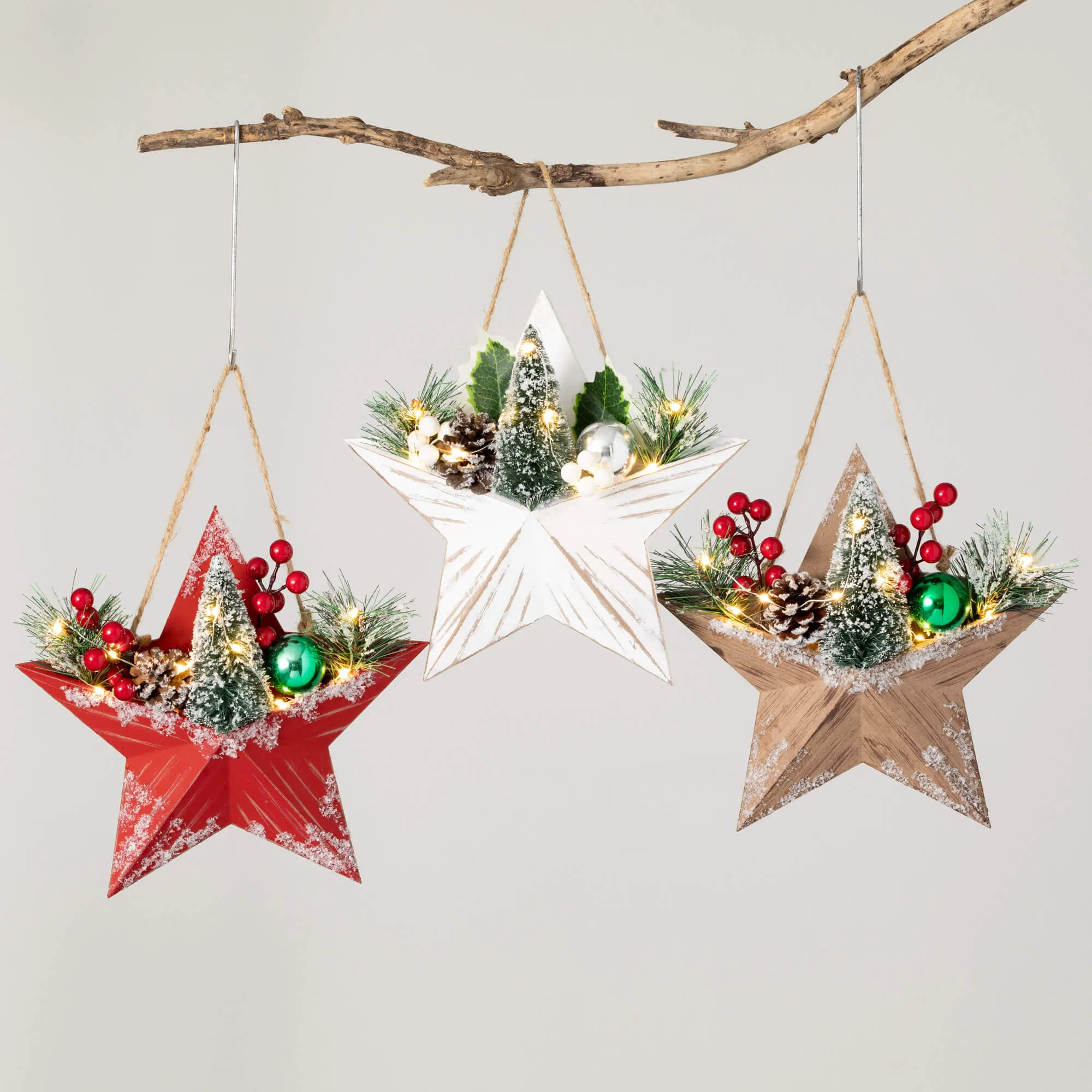 10"H Sullivans Lighted Pine Star Ornament - Set of 3, Multicolored Christmas Ornaments