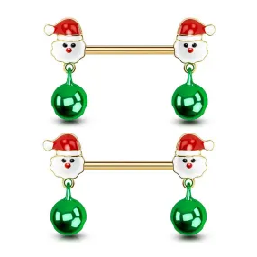 14G Santa Charm & Dangle Bell Nipple Barbell Set