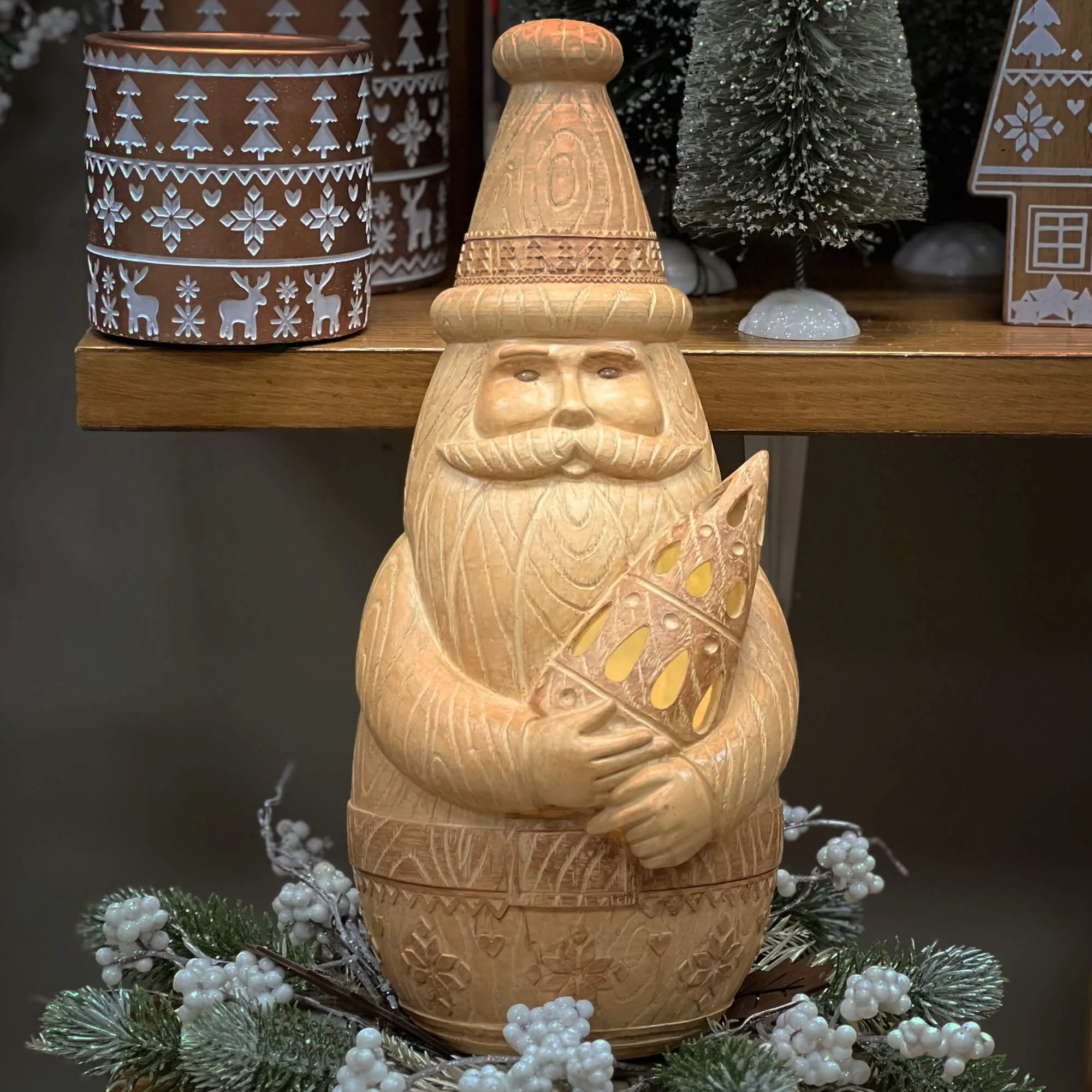 15"H Sullivans Scandinavian LED Santa Figurine, Christmas Decor, Brown