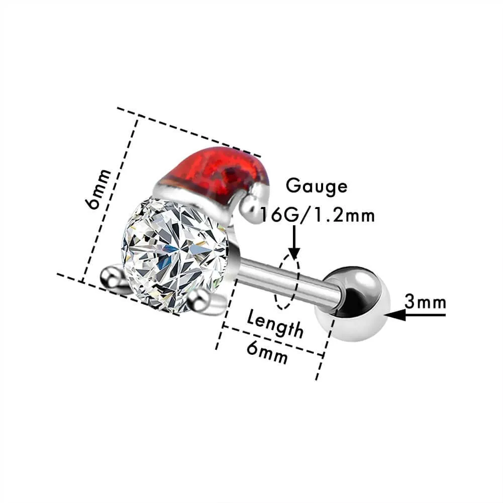 16G CZ Red Christmas Hat Helix and Tragus Cartilage Stud