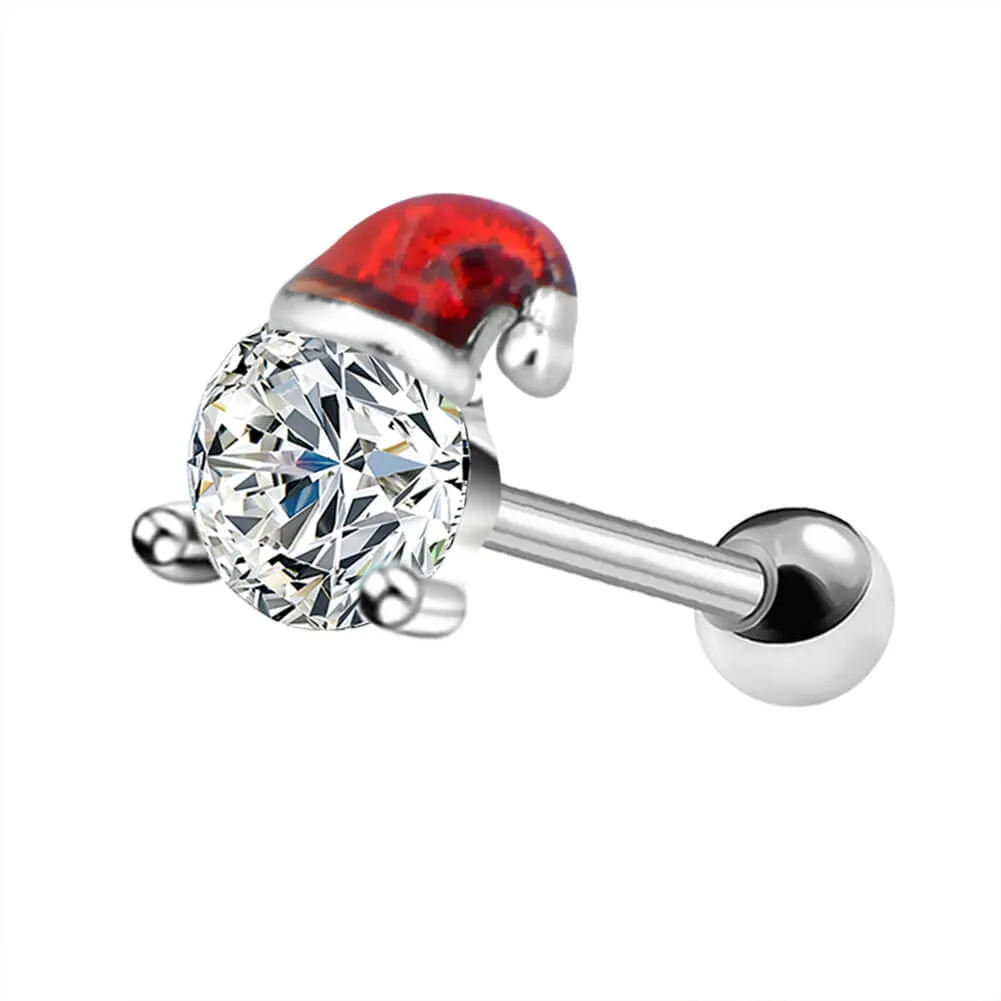 16G CZ Red Christmas Hat Helix and Tragus Cartilage Stud