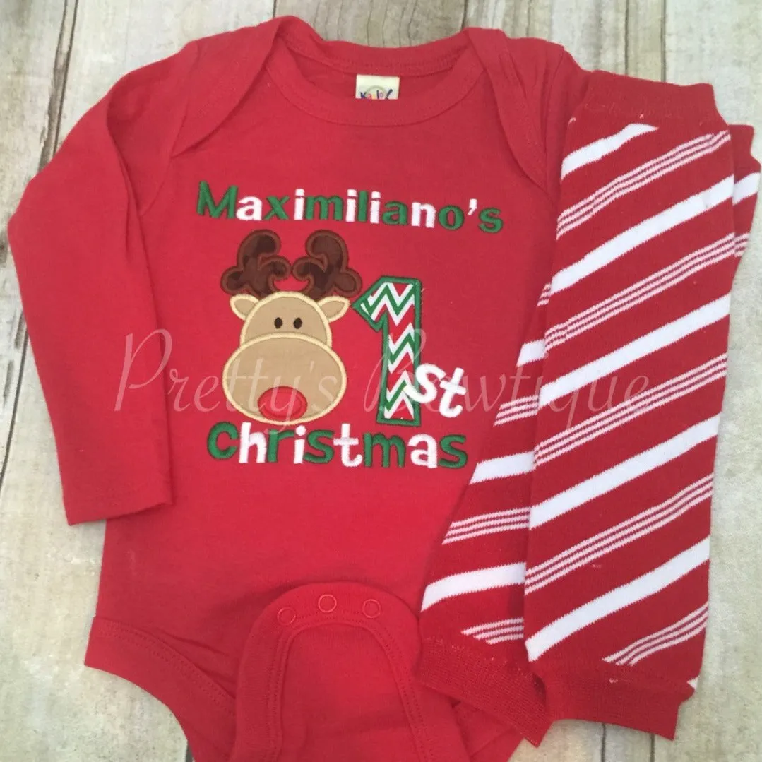 1st Christmas shirt or bodysuit set Red Reindeer 1st Christmas with legwarmers