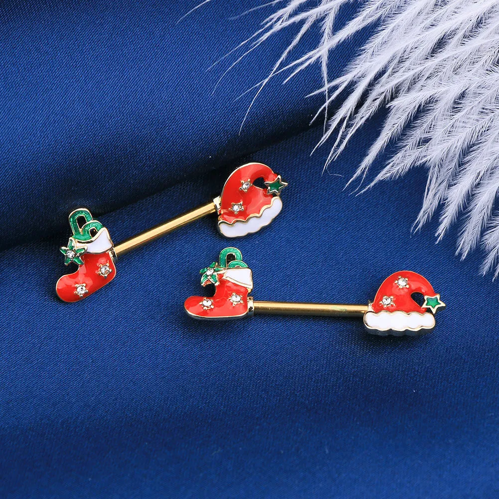 2Pcs 14G Stocking and Hat Christmas Gold Nipple Barbell