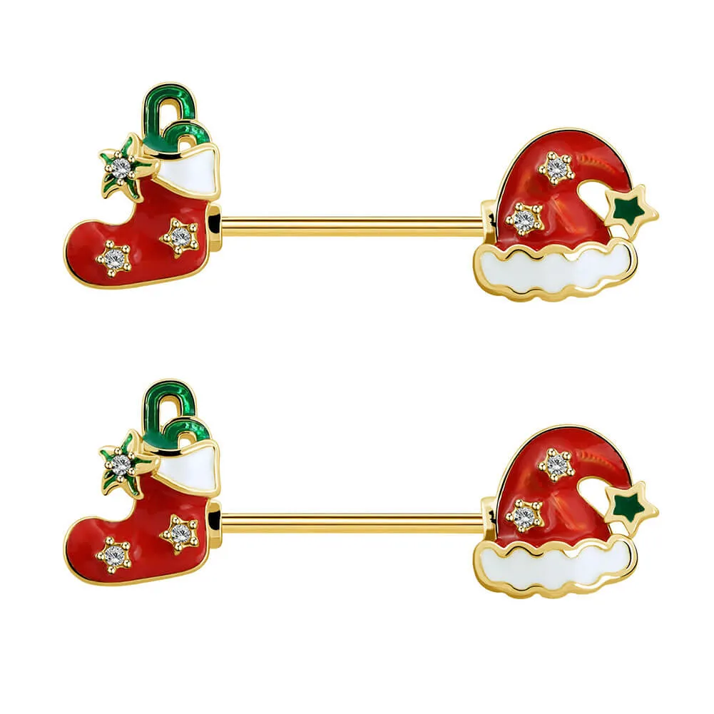 2Pcs 14G Stocking and Hat Christmas Gold Nipple Barbell