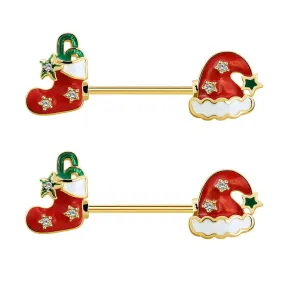 2Pcs 14G Stocking and Hat Christmas Gold Nipple Barbell