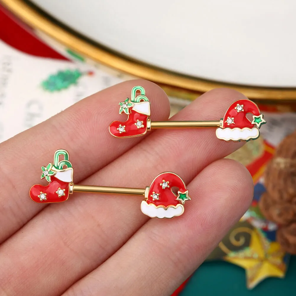 2Pcs 14G Stocking and Hat Christmas Gold Nipple Barbell