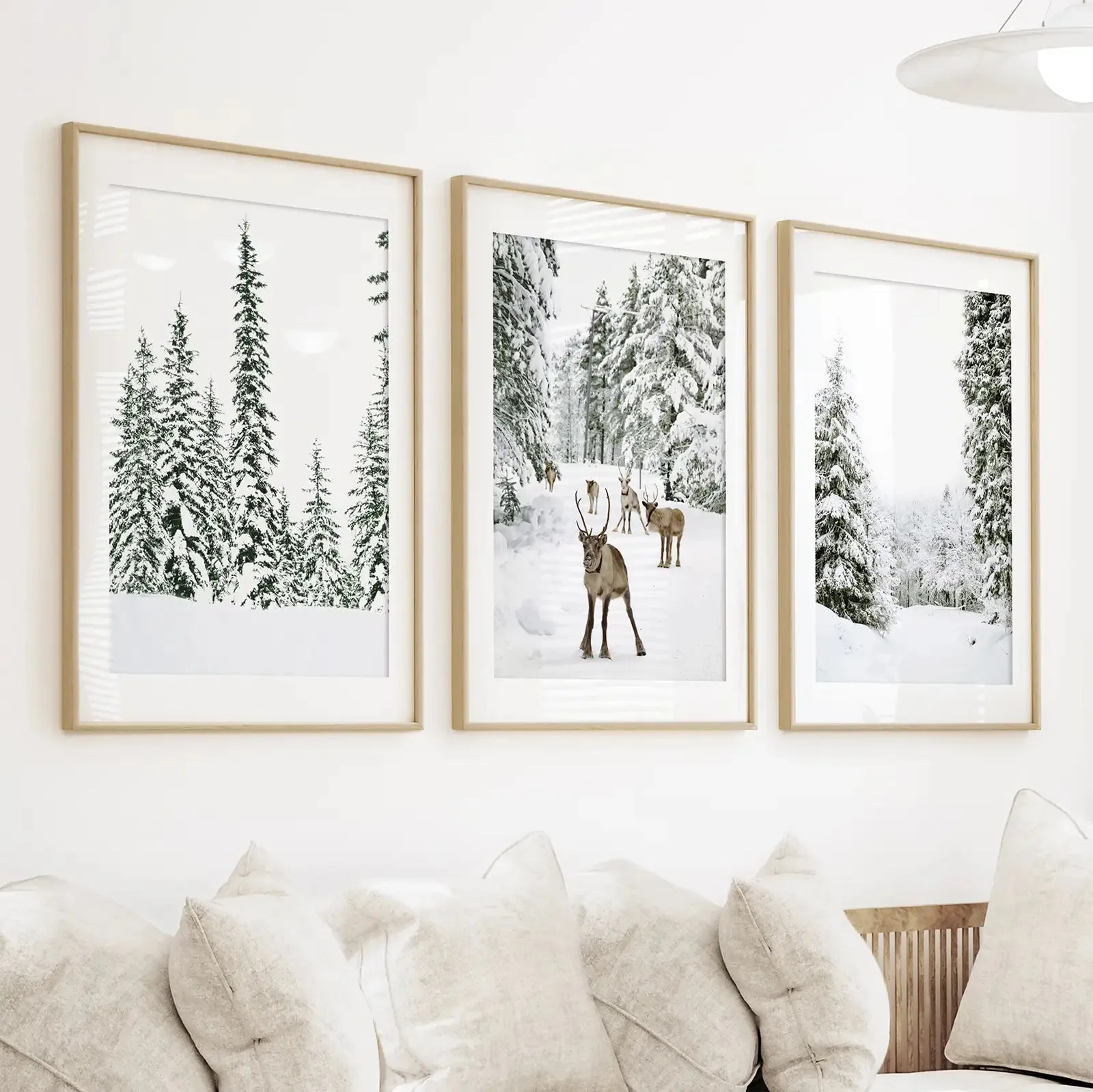 3 Piece Winter Landscape Wall Art. Snowy Pine Forest, Fawn