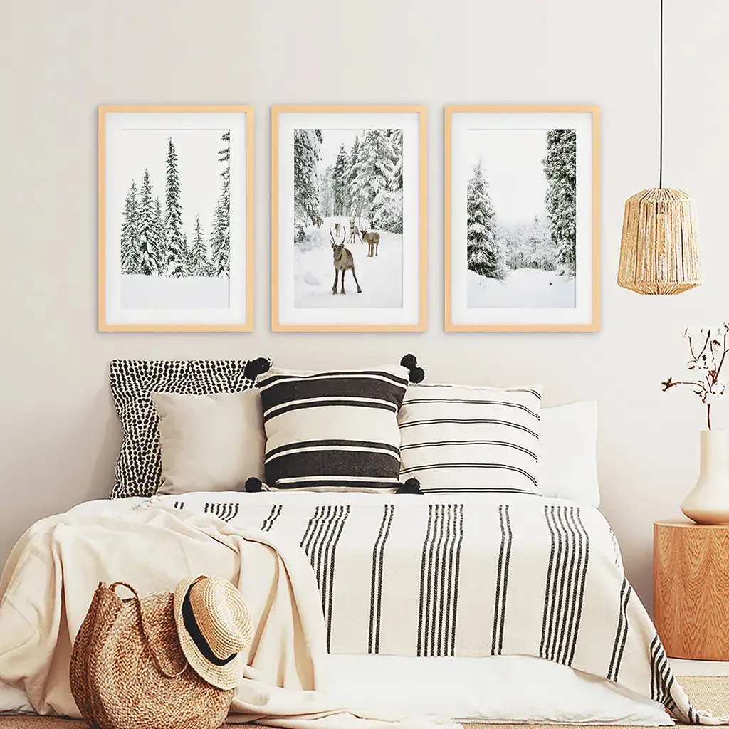 3 Piece Winter Landscape Wall Art. Snowy Pine Forest, Fawn