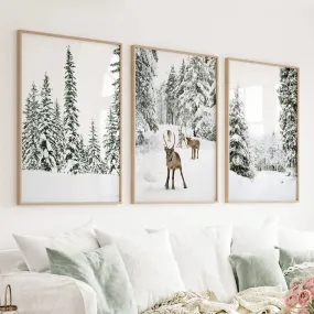 3 Piece Winter Landscape Wall Art. Snowy Pine Forest, Fawn