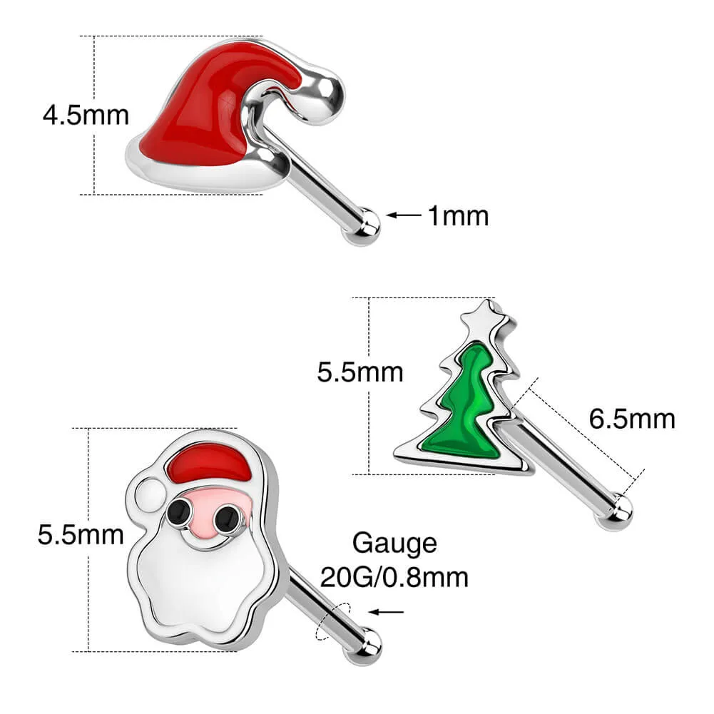 Set of 3 Festive 20G Christmas-themed Nose Studs Piercing Jewelry