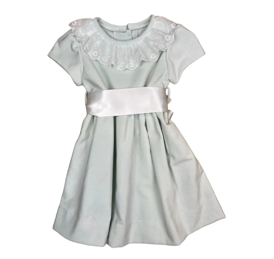 Anvy Kids Mint Velveteen Charlotte Dress, Lace Collar with Wreaths