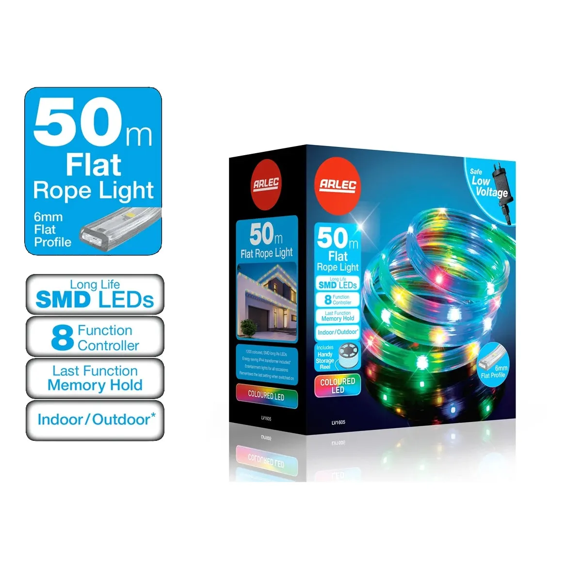 Multi-color 50m LED Rope Light with 8 Functions, Memory Hold, Indoor/Outdoor Reel - Arlec