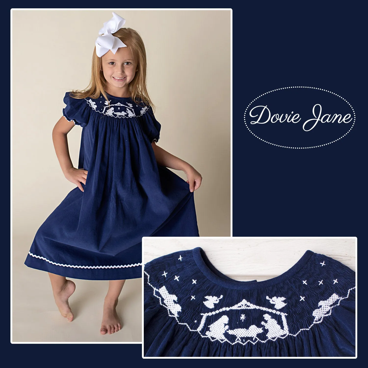 BABY JESUS NATIVITY SMOCKED DRESS NAVY