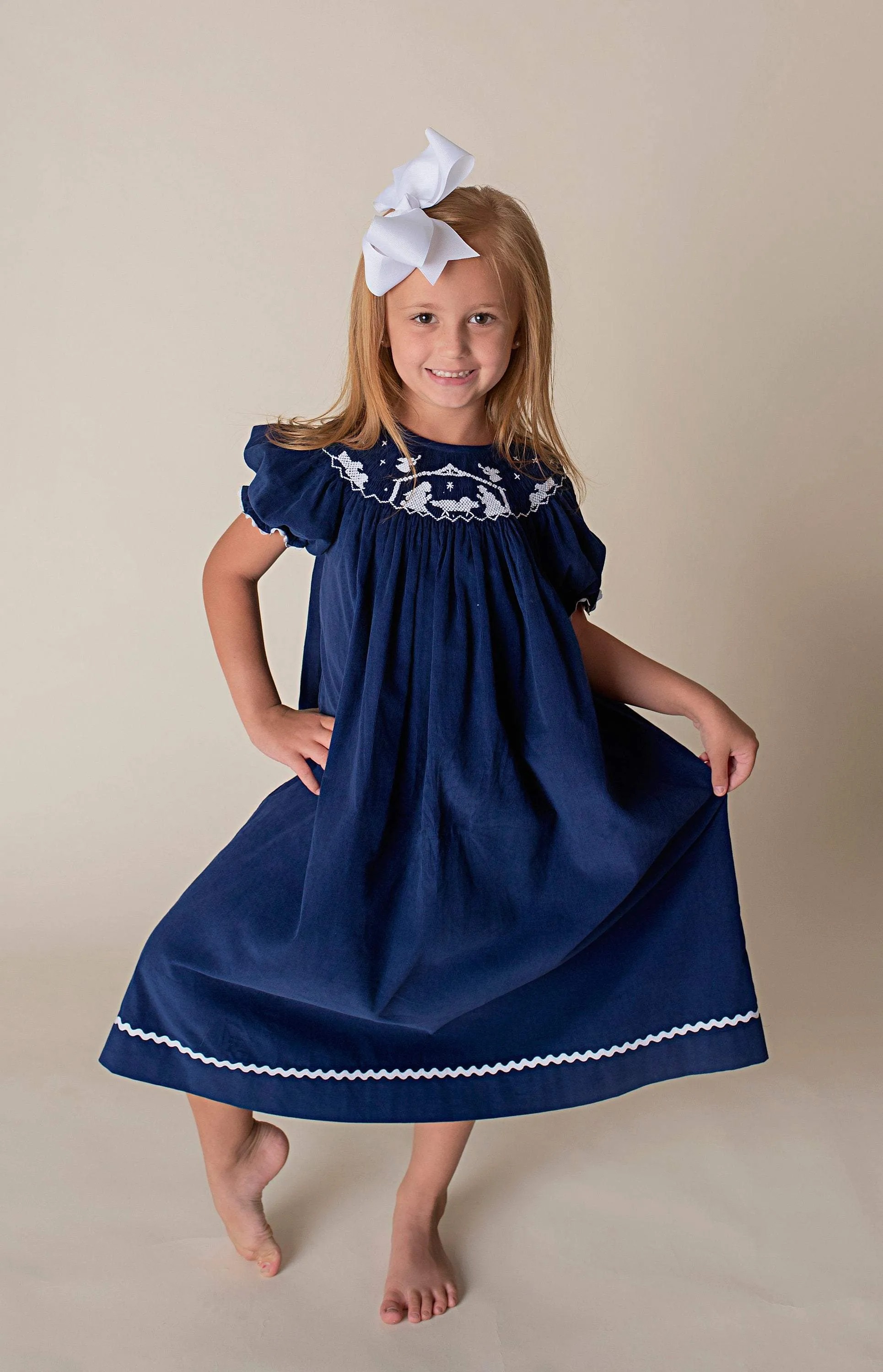 BABY JESUS NATIVITY SMOCKED DRESS NAVY