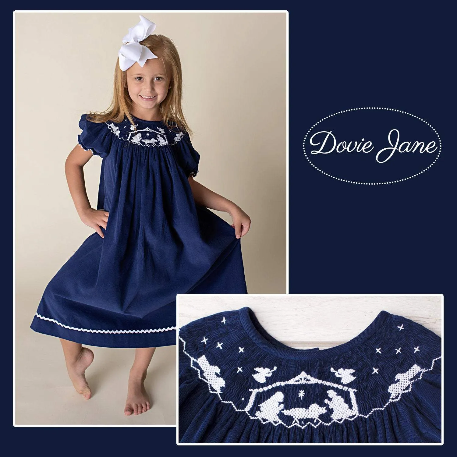 BABY JESUS NATIVITY SMOCKED DRESS NAVY