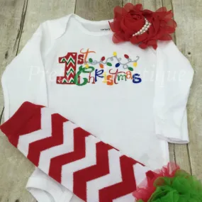 Baby  My 1st Christmas - First Christmas bodysuit or shirt christmas lights, chevron legwarmers and headband