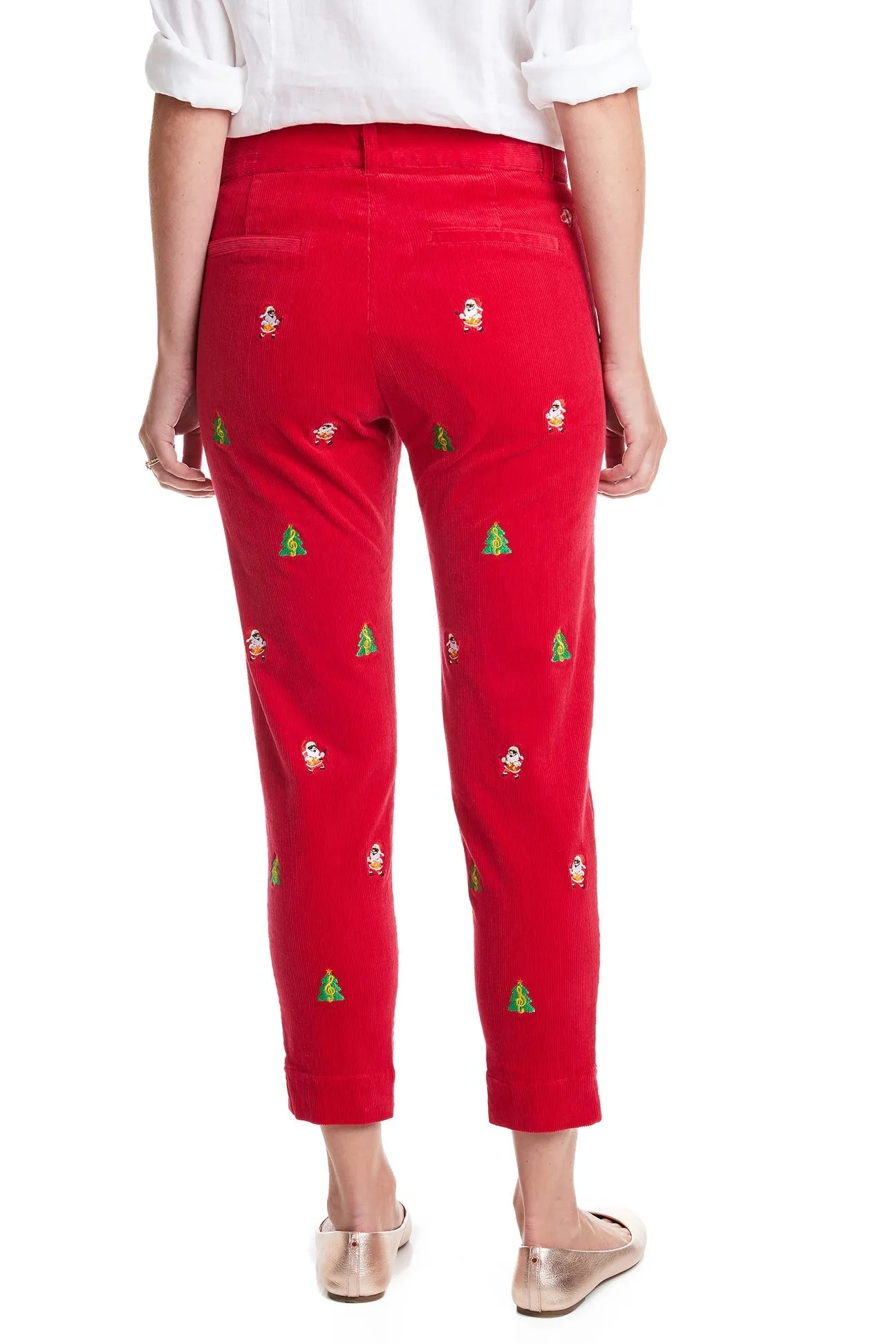 Beachcomber Corduroy Ankle Capri Crimson with Rockin Around the Christmas Tree