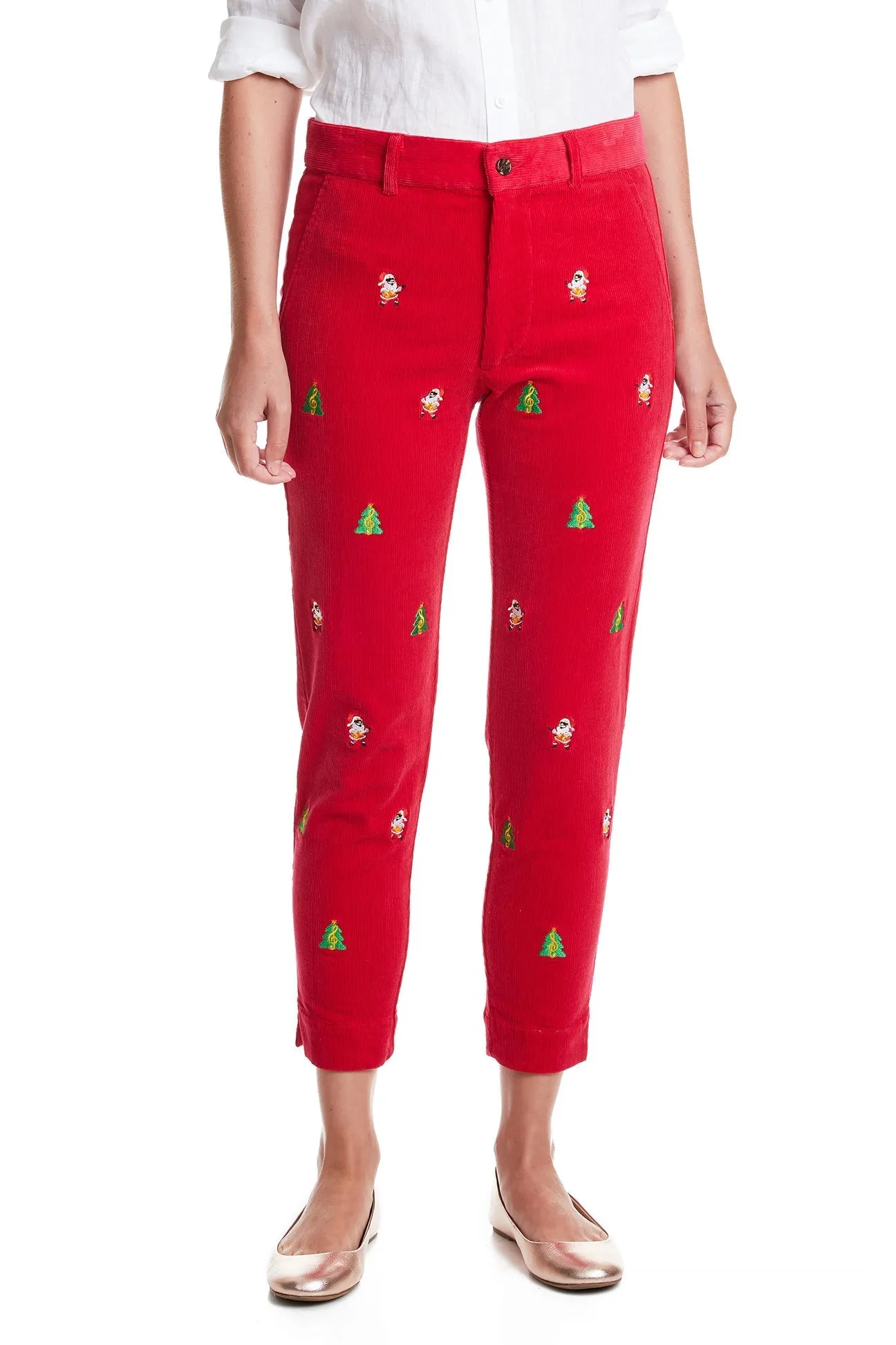 Beachcomber Corduroy Ankle Capri Crimson with Rockin Around the Christmas Tree