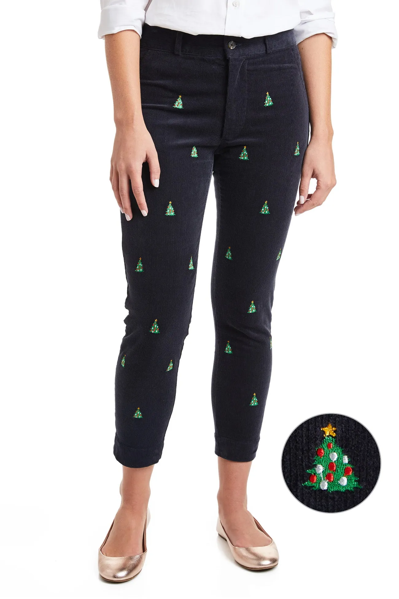 Beachcomber Corduroy Ankle Capri Nantucket Navy with Christmas Tree