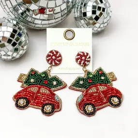 Beaded Car and Christmas Tree Earrings in Red