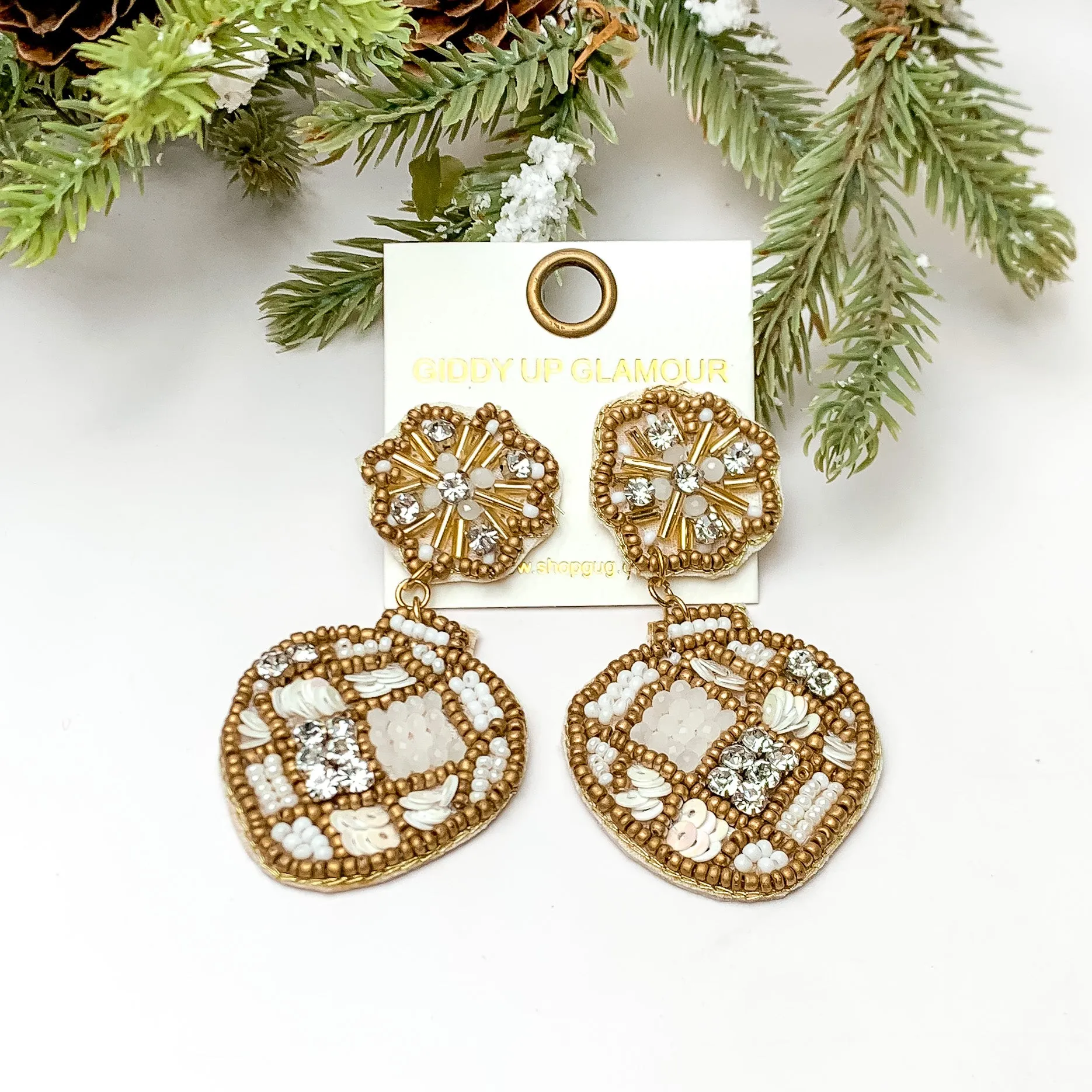 Beaded Post Back Ornament Earrings in Ivory and Gold Tone