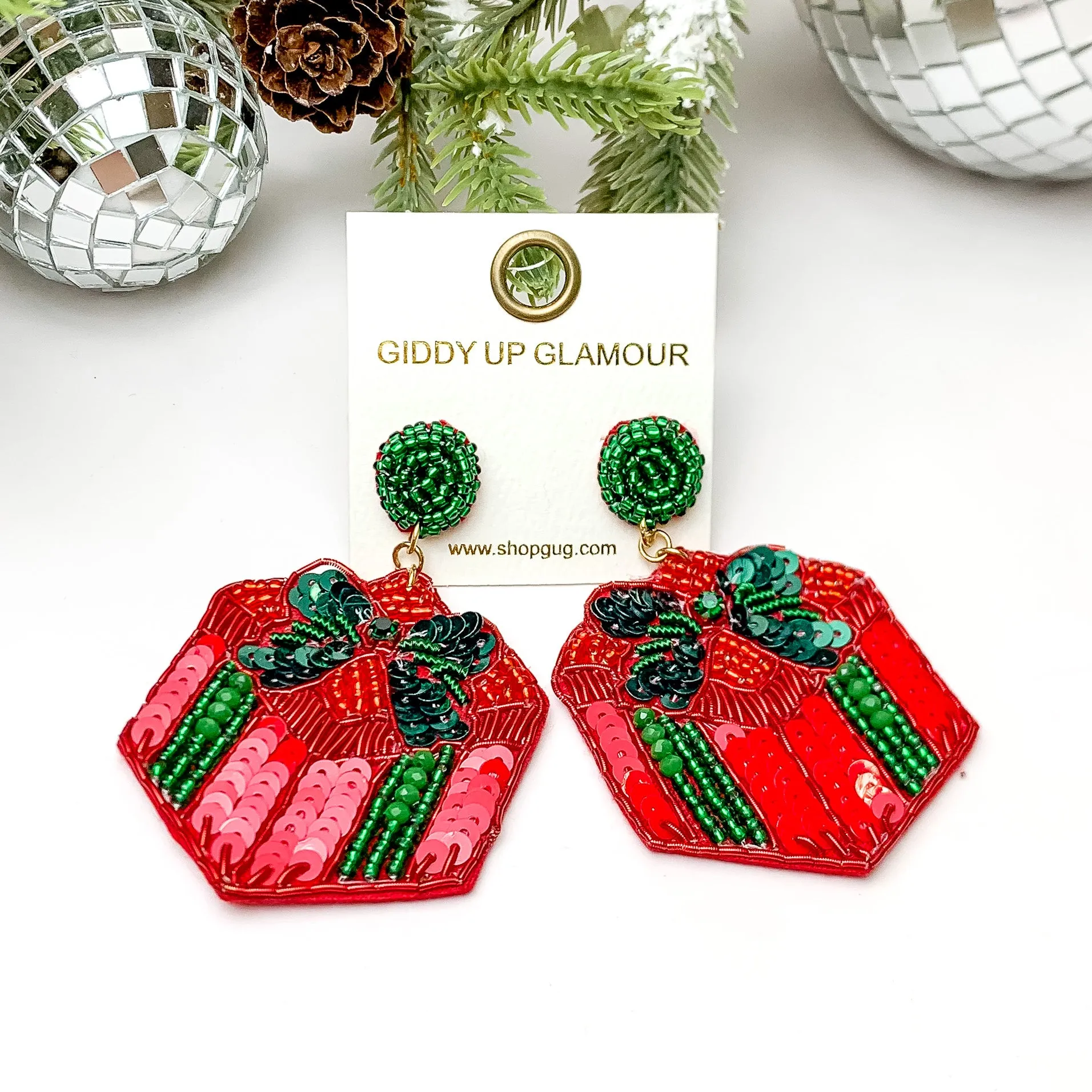 Beaded Present Box Earrings in Red and Green