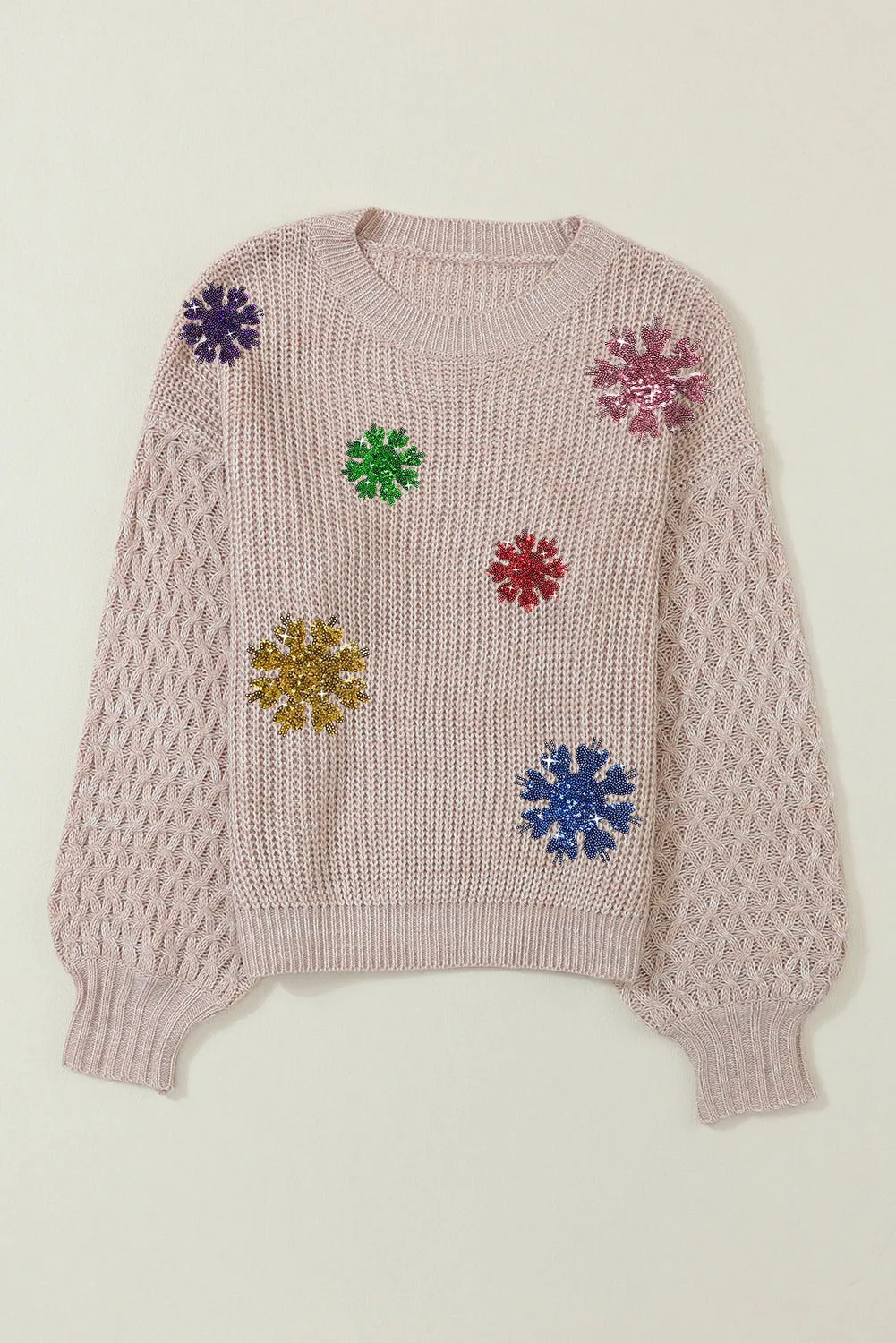 Beige Sequin Snowflake Bishop Sleeve Sweater Top