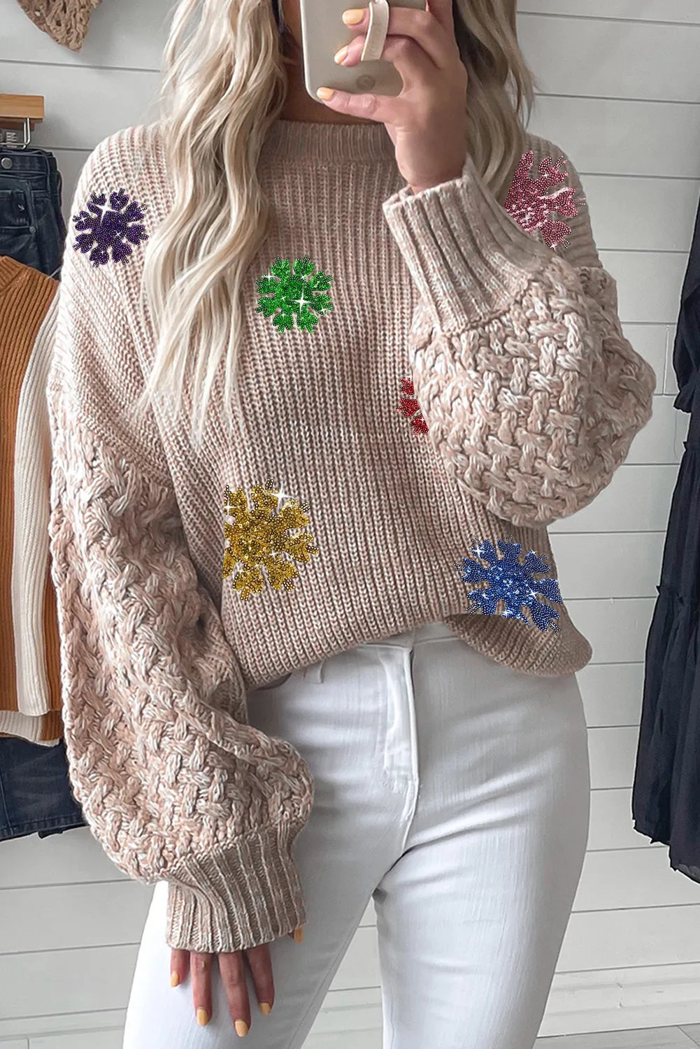 Beige Sequin Snowflake Bishop Sleeve Sweater Top