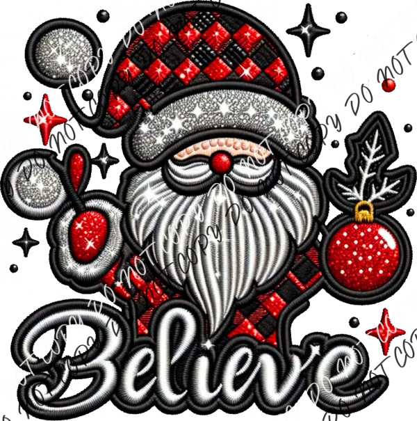 Believe Santa Checkered Faux Embroidery DTF Transfer