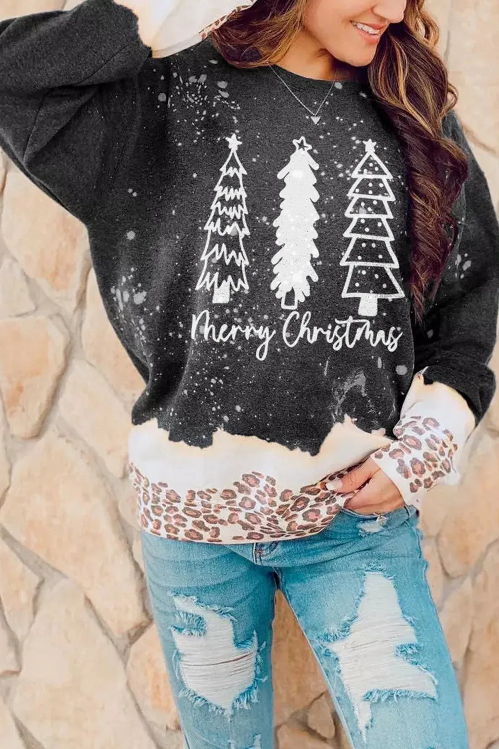 Black Christmas Trees Leopard Print Sweatshirt