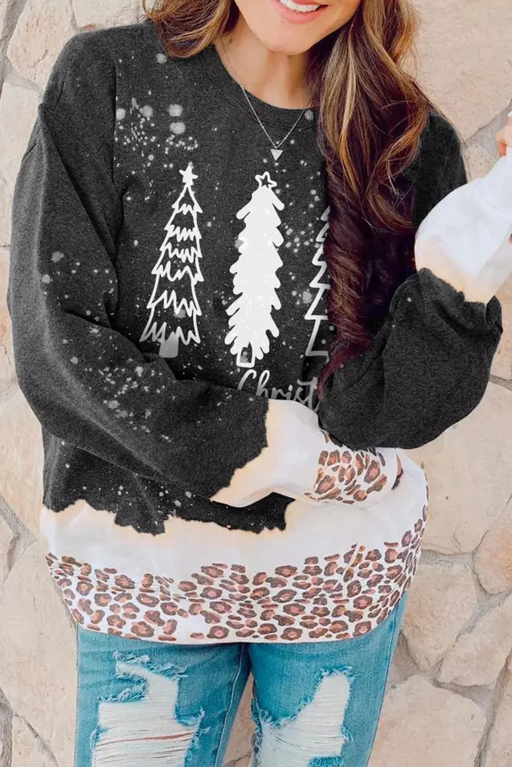 Black Christmas Trees Leopard Print Sweatshirt