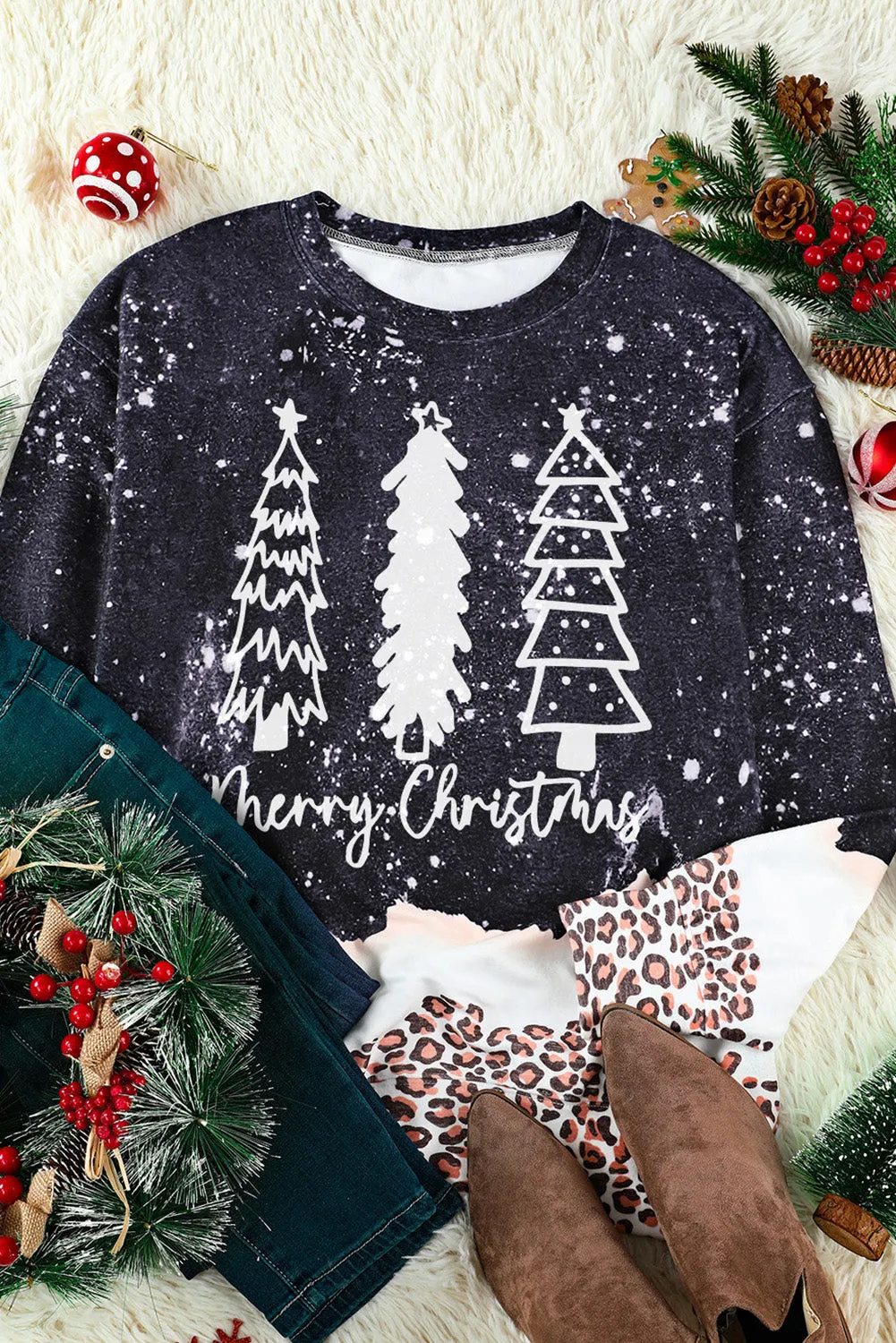 Black Christmas Trees Leopard Print Sweatshirt