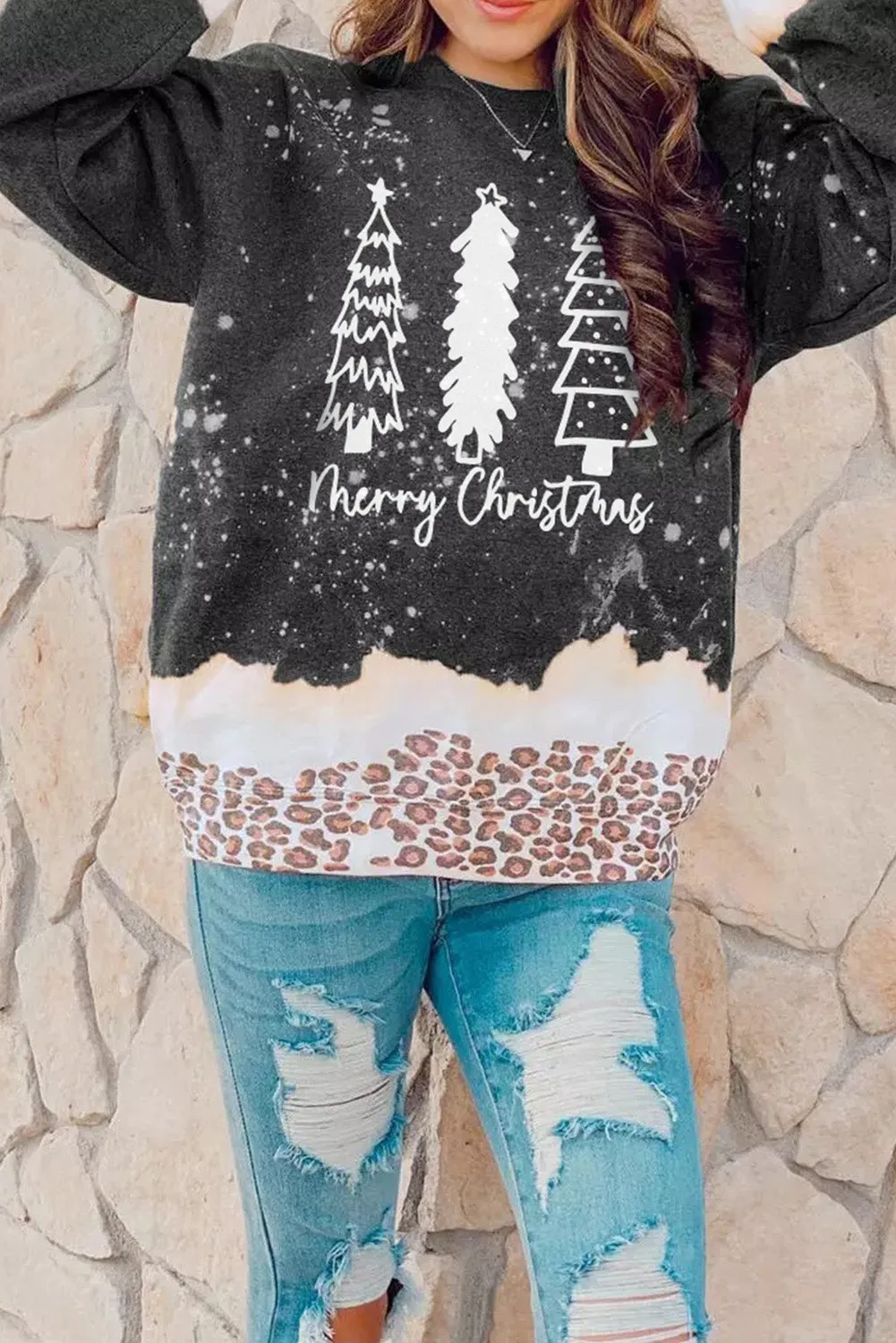 Black Christmas Trees Leopard Print Sweatshirt