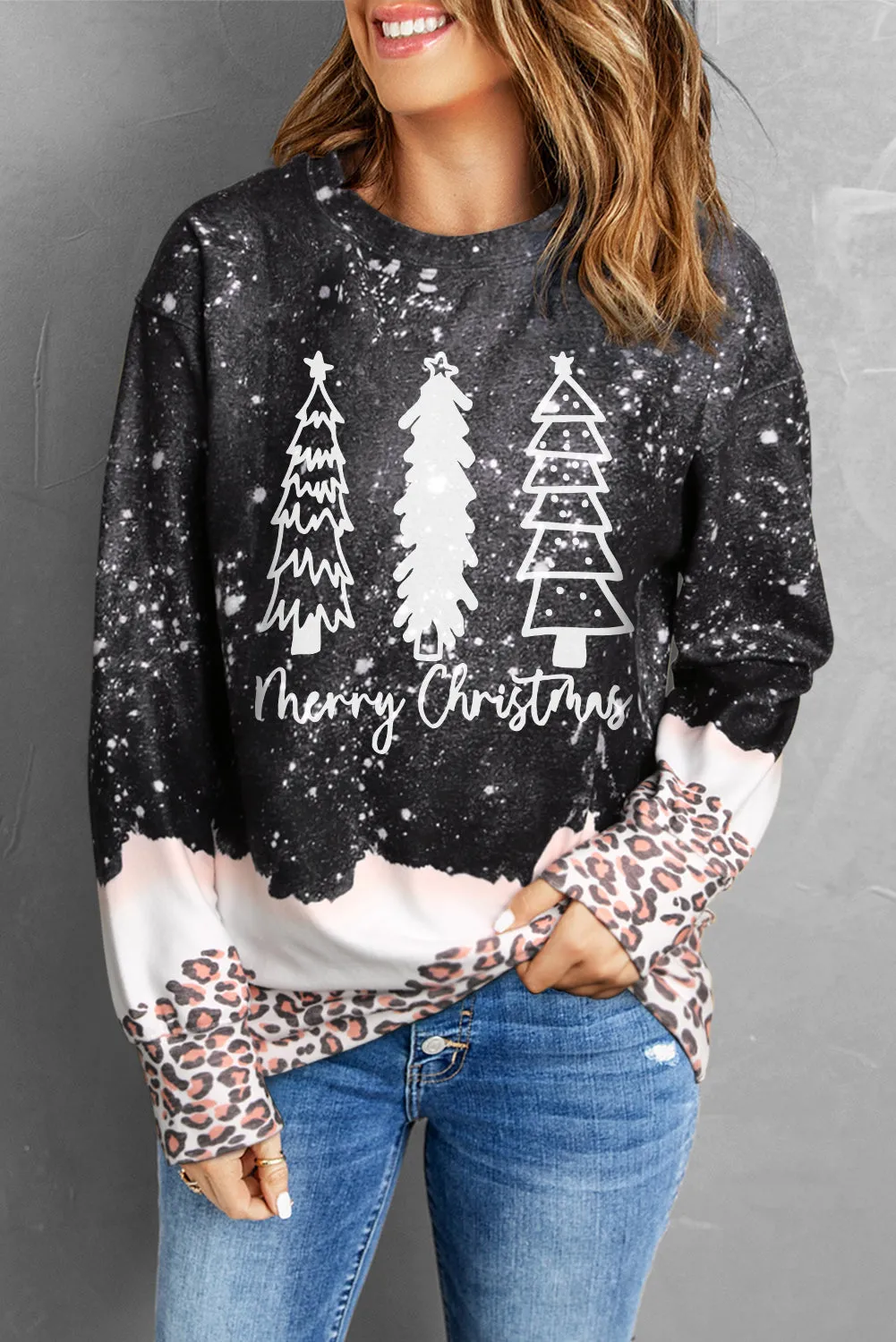 Black Christmas Trees Leopard Print Sweatshirt