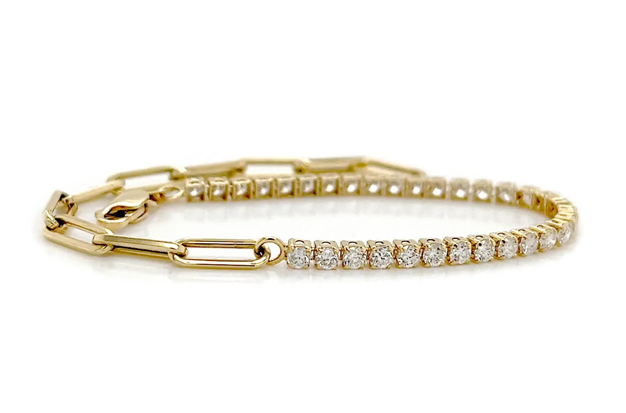 Bracelet 14kt Gold Half Paperclip & Half Diamonds Tennis