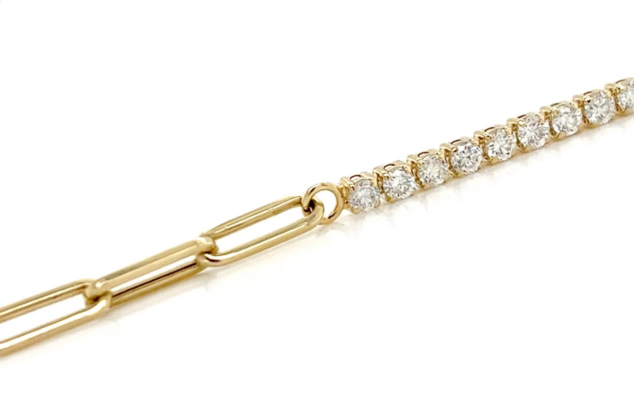 Bracelet 14kt Gold Half Paperclip & Half Diamonds Tennis