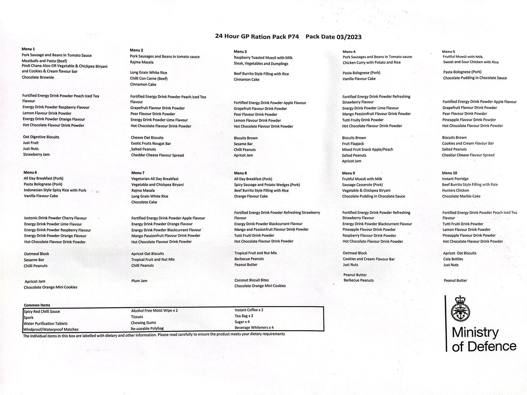 British Army MRE Ration Pack - Menus 1 to 10