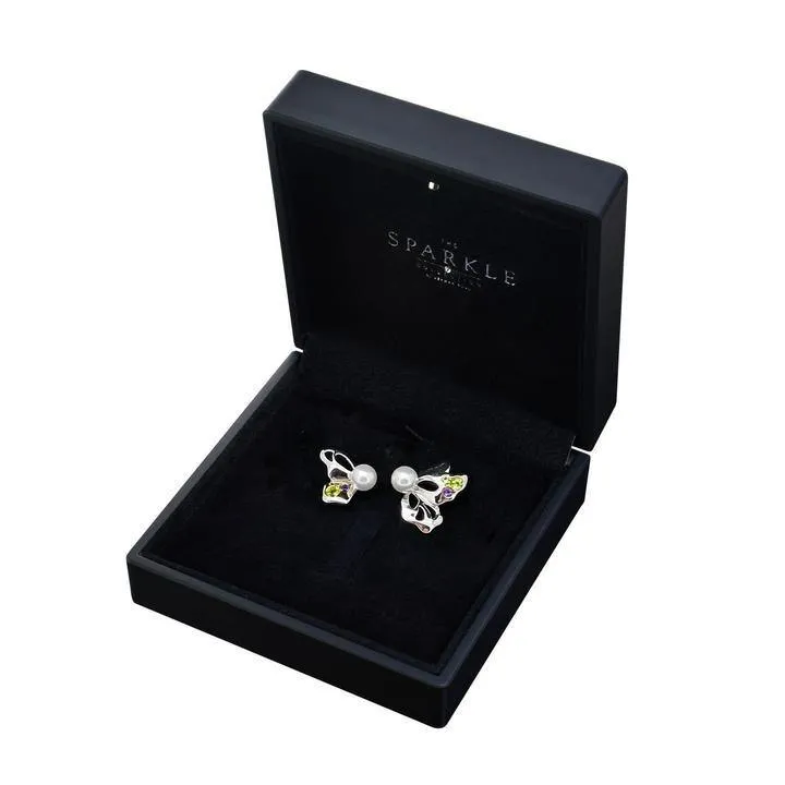 【BUTTERFLY】925 Sterling Silver Purple and Green Gemstone Earrings with Fine Austrian Crystal Pearls