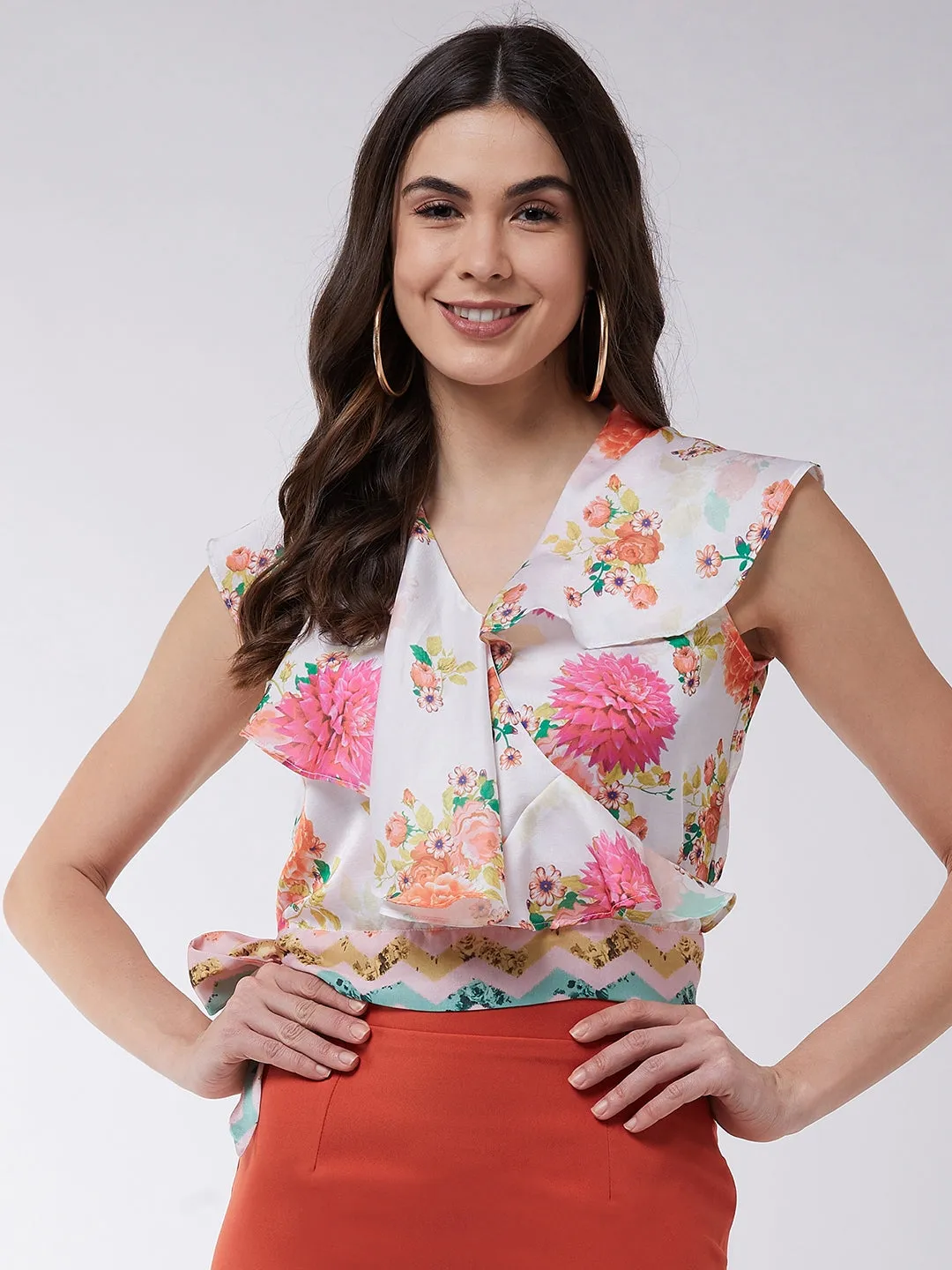 Candy Inspired Digital Printed Sleeveless Ruffle Top