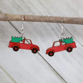 Cate's Concepts, LLC Women's Red Truck Christmas Tree Earrings