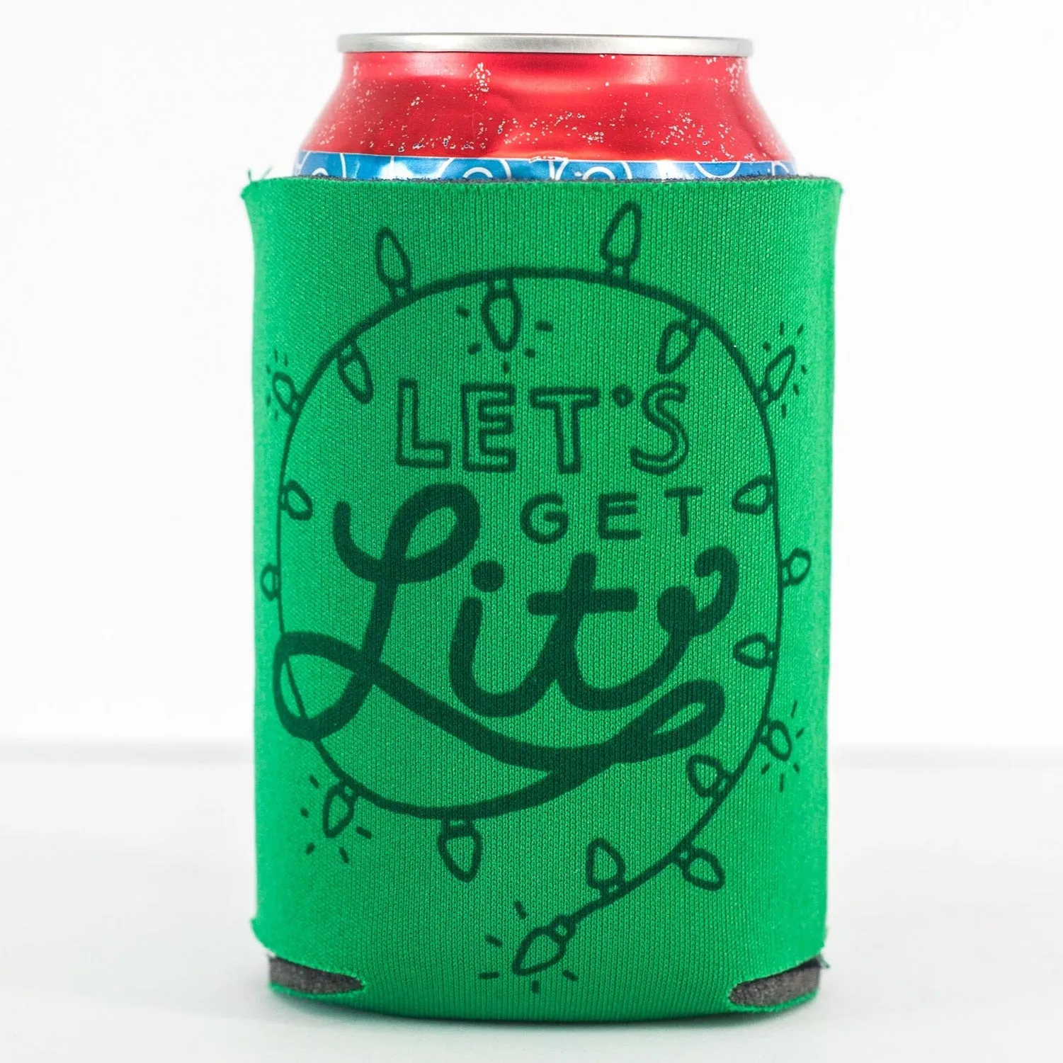 Christmas can coolie, funny holiday gift idea, beer huggie, let's get lit can coolie, easy stocking stuffer, funny Christmas party favor