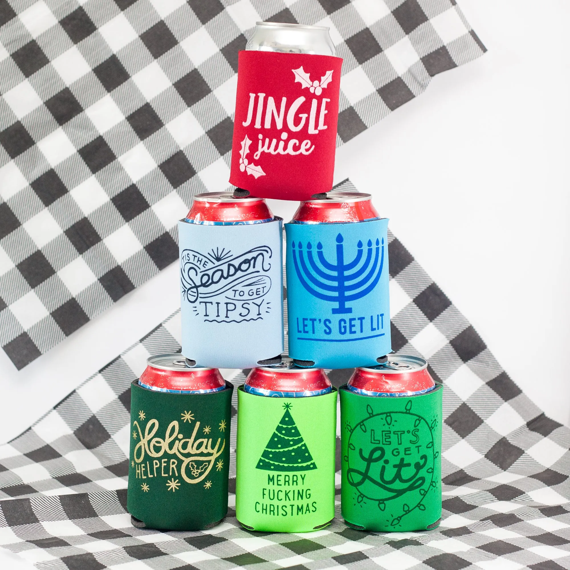 Christmas can coolie, funny holiday gift idea, beer huggie, let's get lit can coolie, easy stocking stuffer, funny Christmas party favor