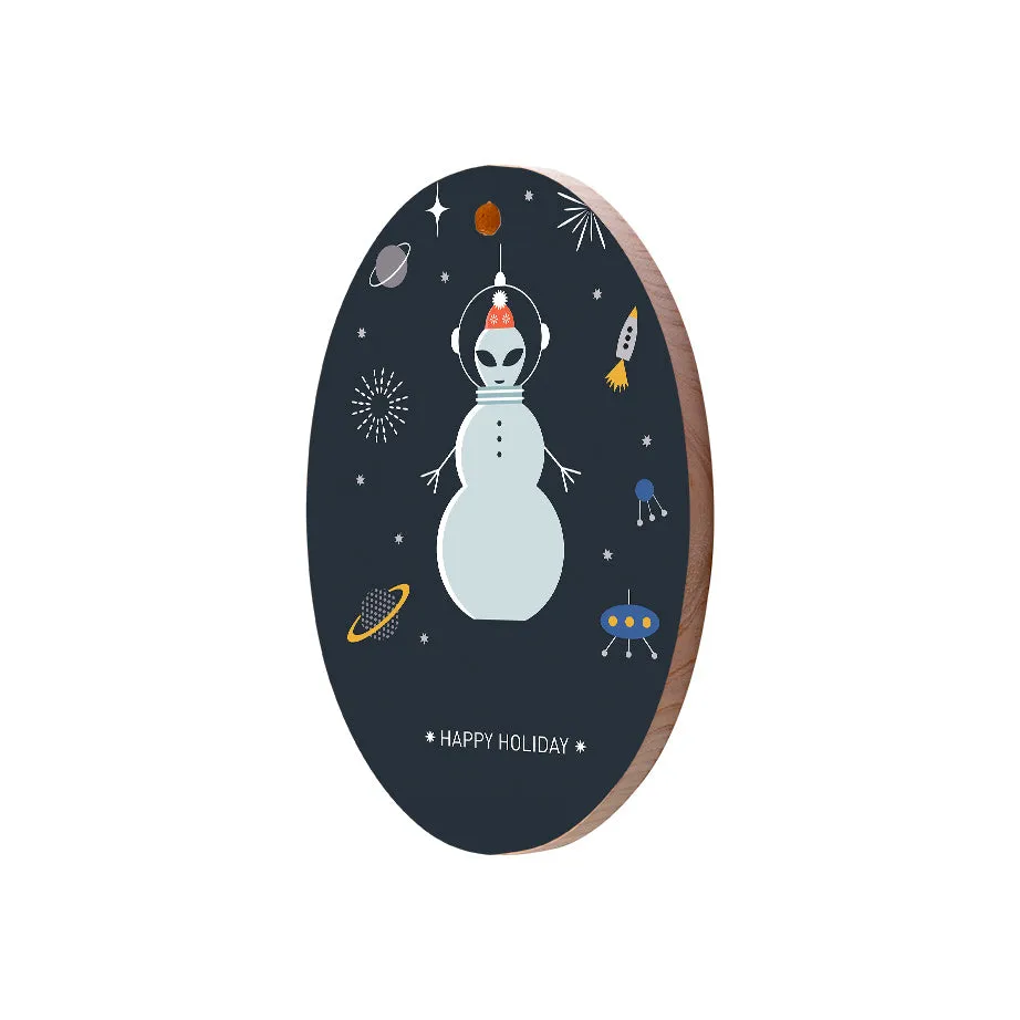 Christmas Decorations HAPPY ALIEN- Wooden Xmas Oval Decoration and Fridge Magnet