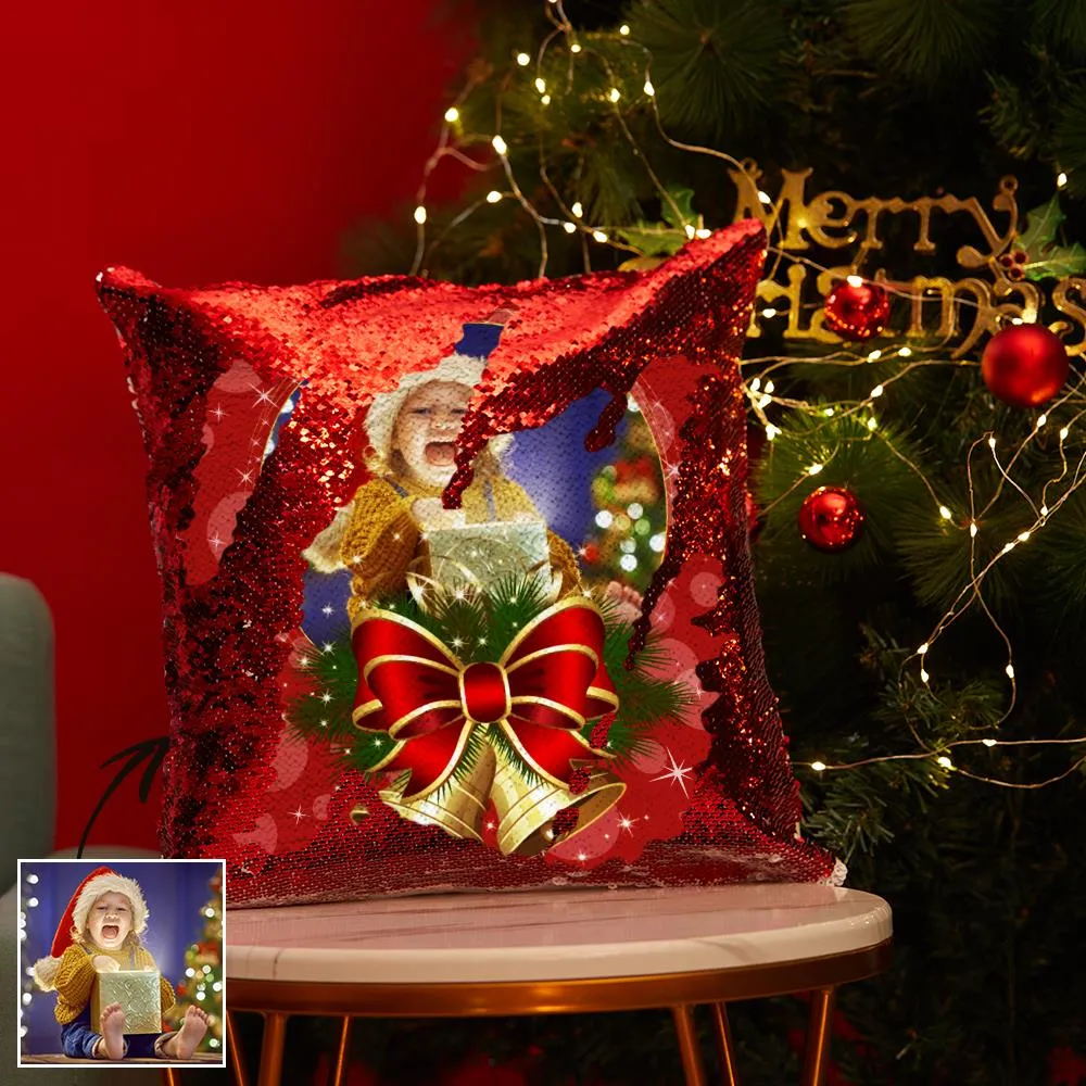 Christmas Gifts Custom Sequin Pillow Photo Pillow Red Pillow with Bells 15.75"*15.75"- Cotton