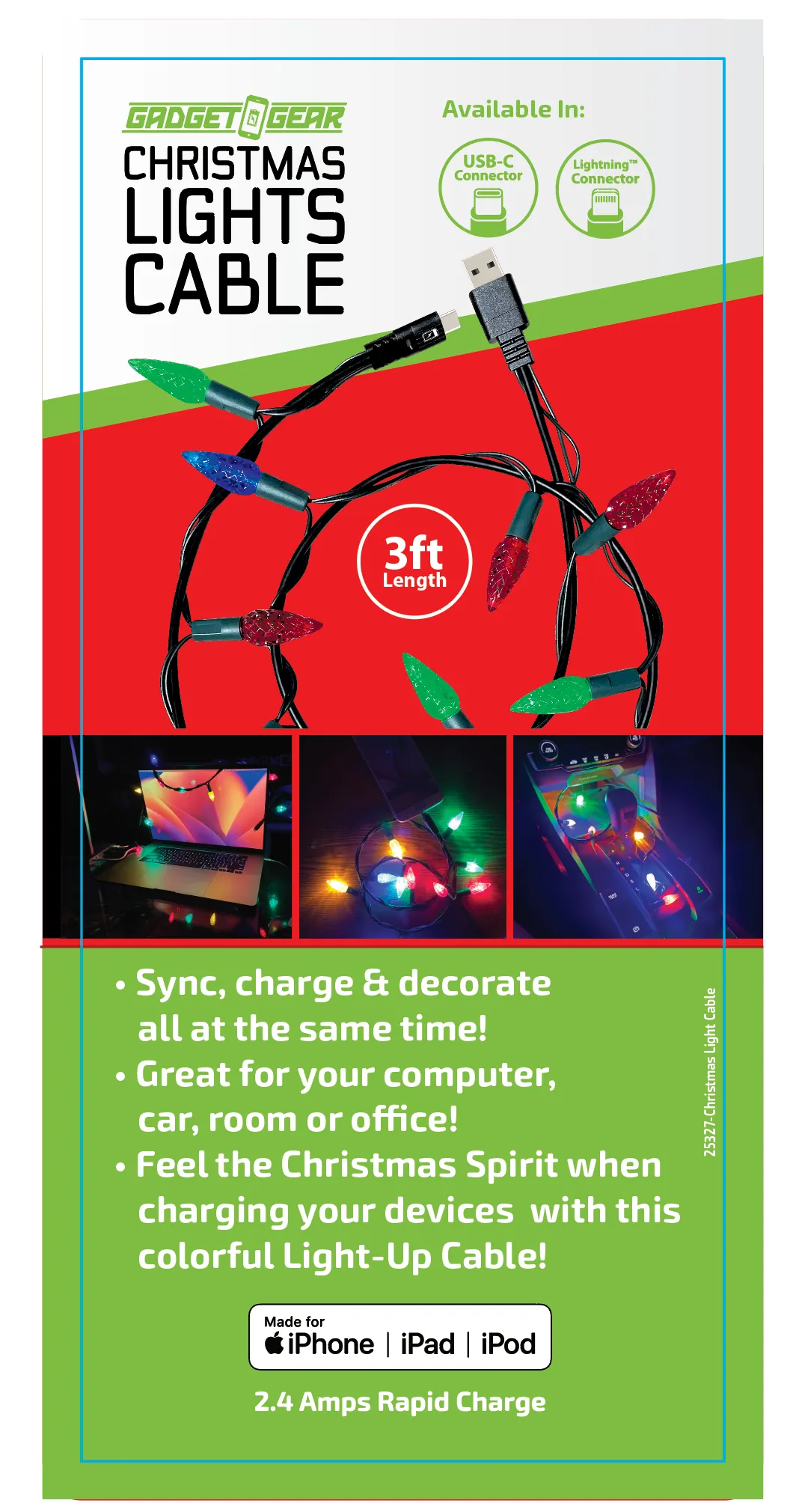 Christmas Light 3FT Lightning / USB-C Sync and Charge Cables - 6 Pieces Per Pack 25327