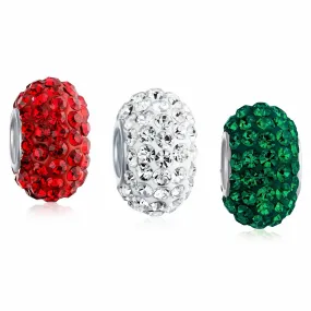 Christmas Red White Green Crystal Holiday Beads Charms Set .925 Silver