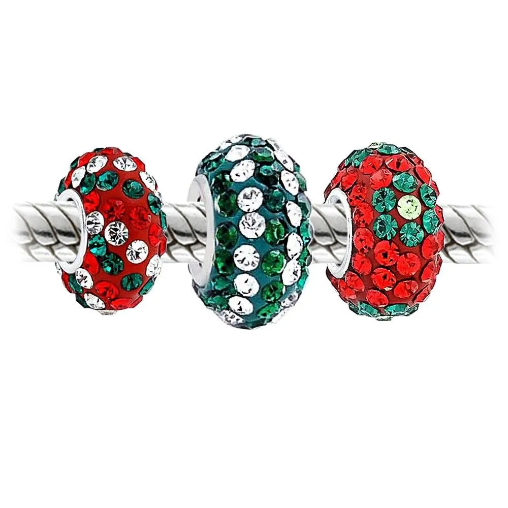 Christmas Red White Green Crystal Holiday Beads Charms Set .925 Silver