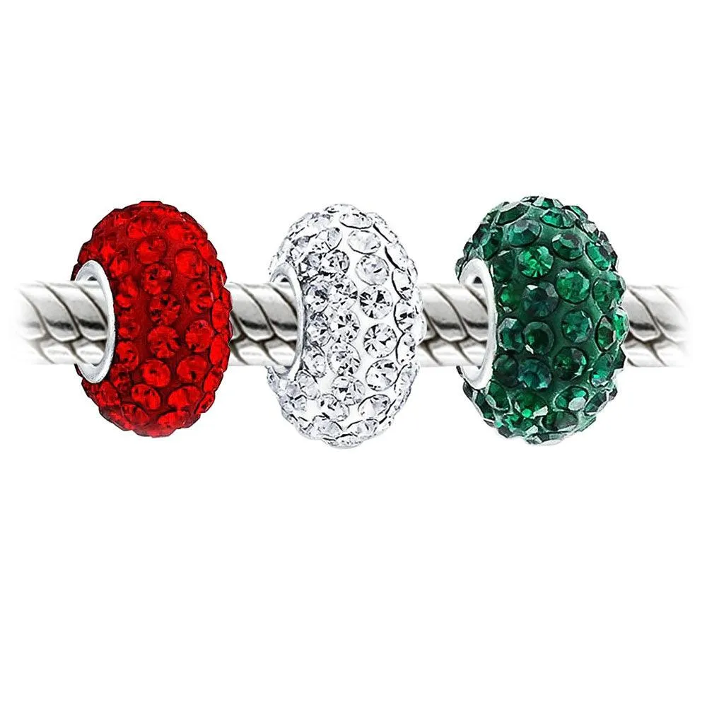 Christmas Red White Green Crystal Holiday Beads Charms Set .925 Silver