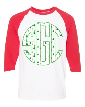 Christmas Tree Print Monogram White/Red Raglan