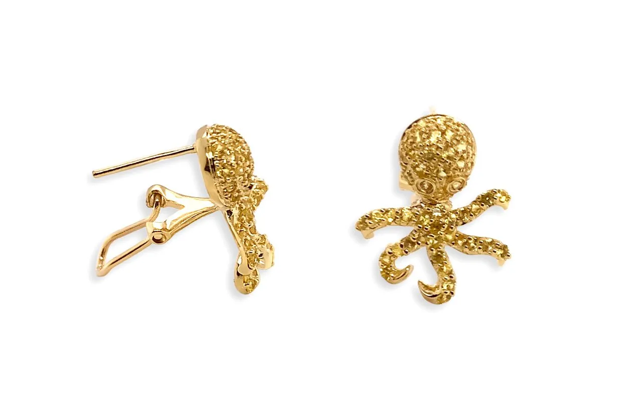 Earrings 14kt Gold & Yellow Sapphires Octopus